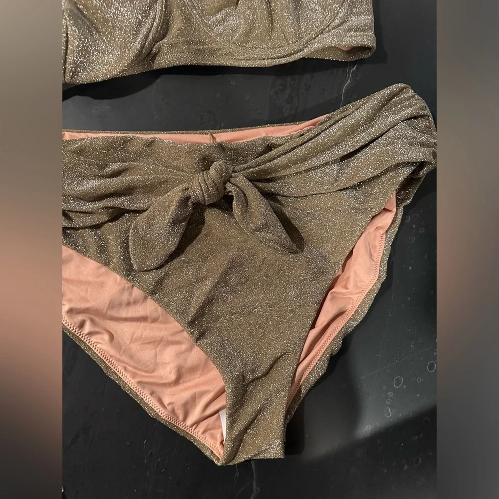 JCREW HIGH-CUT TIE-WAIST BIKINI BOTTOM IN SPARKLE GOLD METALLIC Size: XX-LARGE